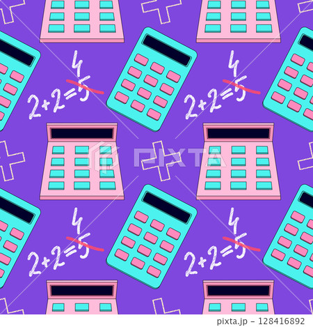 Colorful seamless pattern with cartoon calculator and funny math error. Vector illustration on purple background. For back to school theme, supplies, stationery design, textile print, wrapping paper. 128416892