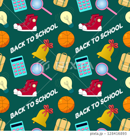Seamless back to school pattern with red sneakers, backpacks, calculators, basketballs, bells, magnifying glasses, light bulbs on green background. For supplies, stationery design, textile, wrapping. 128416893