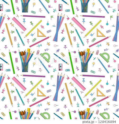 Seamless school supplies pattern with pencils, rulers, sharpeners, push pins, protractors, paintbrushes, and paper clips on white background. For back to school theme, stationery, textile, wrapping. 128416894