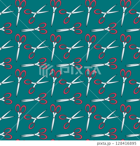 Cartoon seamless pattern with school scissors. Vector illustration on dark teal background. For back to school theme, school or office supplies, stationery design, textile print, and wrapping paper. 128416895