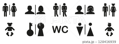 Restroom And Gender Symbols Solid Icon Set. Male, Female, Unisex, And Child Bathroom Sign Silhouette Symbol Collection. Public Facility And Accessibility Icons. Isolated Vector Illustration Restroom And Gender Symbols Solid Icon Set. Male, Female, Unisex, And Child Bathroom Sign Silhouette Symbol Collection. Public Facility And Accessibility Icons. Isolated Vector Illustration 128416939