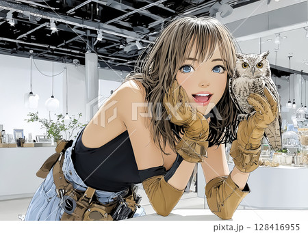 フクロウカフェ　梟を手に乗せる笑顔の女性のイラスト素材 128416955