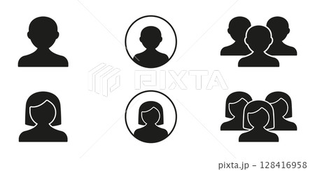 User Profile And Group Silhouette Icon Set. Individual And Team Symbol Collection. Personal And Community Identity, Social Network and User Interface Design. Isolated Vector Illustration 128416958