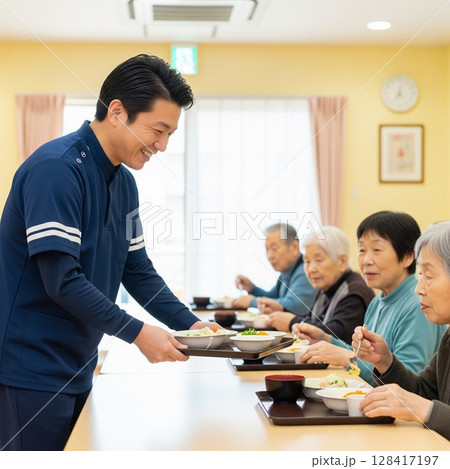 高齢者施設で食事を提供する女性介護士　配膳、ランチタイム、給食、食事、楽しみ 128417197
