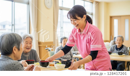 高齢者施設で食事を提供する女性介護士　配膳、ランチタイム、給食、食事、楽しみ 128417201