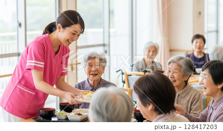 高齢者施設で食事を提供する女性介護士　配膳、ランチタイム、給食、食事、楽しみ 128417203