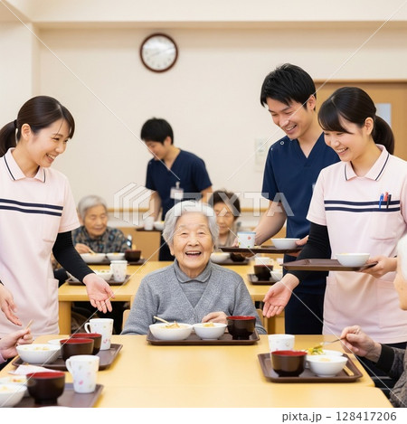 高齢者施設で食事を提供する女性介護士　配膳、ランチタイム、給食、食事、楽しみ 128417206