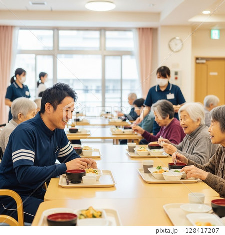 高齢者施設で食事を提供する女性介護士　配膳、ランチタイム、給食、食事、楽しみ 128417207