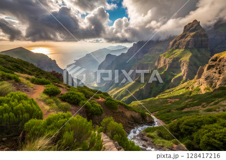 high mountains at sunset 128417216