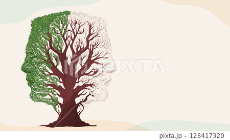 Bipolar disorder concept. Human face tree half green and dry showing mental health contrast. Banner 128417320