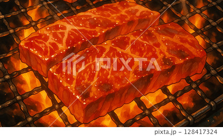 じっくり炭火で焼肉を焼いている、おいしそう 128417324