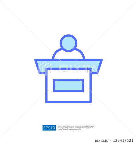 Icon of a Speaker at a Podium Delivering a Legal Verdict in a Courtroom Setting Representing Law and Judgement Atmosphere 128417521