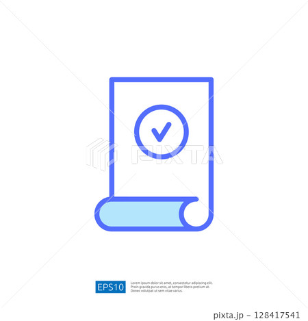 Legal Document Icon Representing Approval and Judgment with Checkmark on Paper Scroll in a Simplified Design Legal Document Icon Representing Approval and Judgment with Checkmark on Paper Scroll in a Simplified Design 128417541