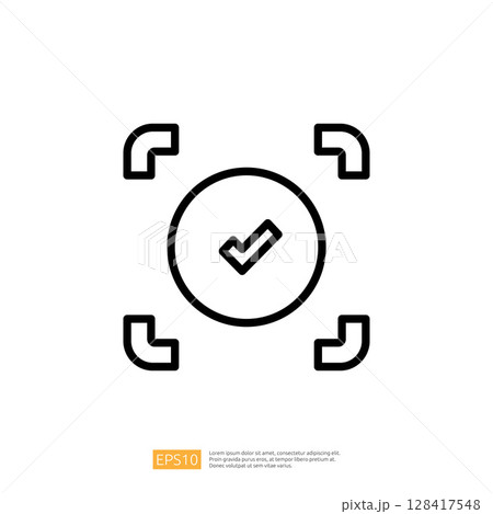 Icon representing law and judgement with checkmark symbolizing approval and verification in legal context Icon representing law and judgement with checkmark symbolizing approval and verification in legal context 128417548