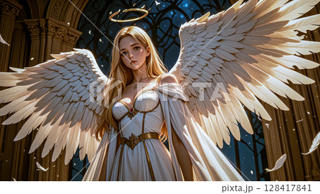 White angel with wings. An anime style girl in a white dress and with white wings. 128417841