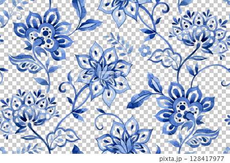 seamless pattern with watercolor oriental ornaments. blue floral print 128417977