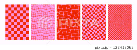 Retro checker grid seamless pattern backgrounds in red and pink with wavy optical illusion for abstract groovy designs. Ideal for fabric, wrapping paper, posters 128418065