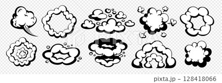 Comic cloud and smoke explosion effects set in black outline isolated on transparent background. Cartoon vector elements. Great for motion design, comics, and games 128418066