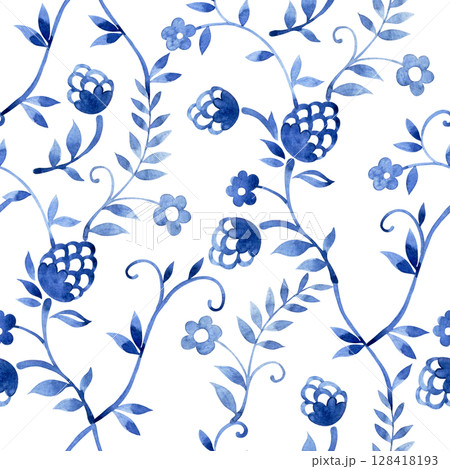 seamless pattern with watercolor oriental ornaments. blue print with flowers and berries seamless pattern with watercolor oriental ornaments. blue print with flowers and berries 128418193
