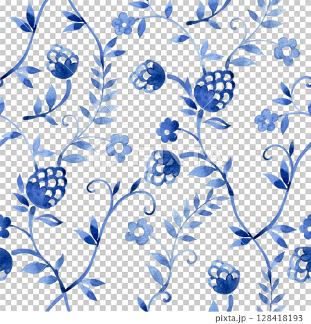 seamless pattern with watercolor oriental ornaments. blue print with flowers and berries seamless pattern with watercolor oriental ornaments. blue print with flowers and berries 128418193