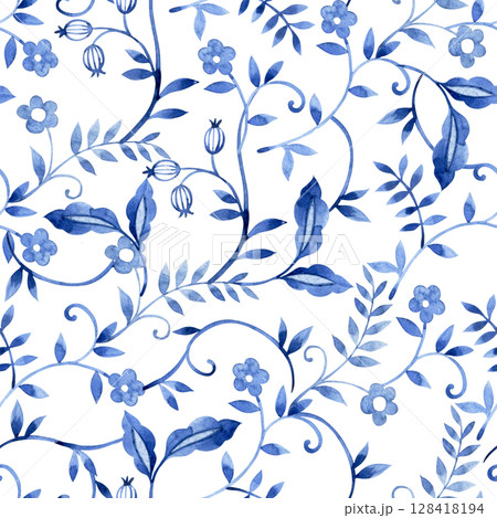 seamless pattern with watercolor oriental ornaments. blue print with flowers and berries seamless pattern with watercolor oriental ornaments. blue print with flowers and berries 128418194
