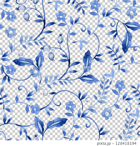 seamless pattern with watercolor oriental ornaments. blue print with flowers and berries seamless pattern with watercolor oriental ornaments. blue print with flowers and berries 128418194