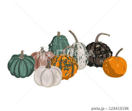 Pumpkins composition isolated on white. Cozy small gourds autumn decoration. Vector squash set illustration. Pumpkins composition isolated on white. Cozy small gourds autumn decoration. Vector squash set illustration. 128418196