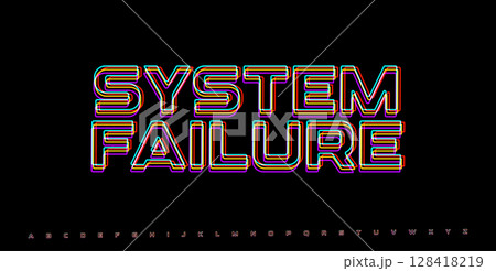 SYSTEM FAILURE glitched word. RGB distorted warning in futuristic cyberpunk style. Digital error message for tech UI or hacker alert screen. Vector illustration SYSTEM FAILURE glitched word. RGB distorted warning in futuristic cyberpunk style. Digital error message for tech UI or hacker alert screen. Vector illustration 128418219