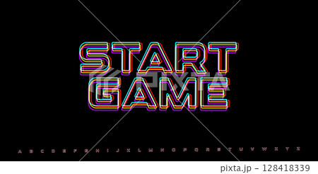 START GAME neon glitch phrase. RGB arcade UI typography in vaporwave style. Cyberpunk interface for video game screen or retro console. Vector illustration. 128418339