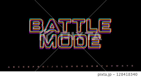 BATTLE MODE cyberpunk glitch phrase. Neon RGB HUD design for game interface, combat screen alert, or action mode trigger. Vector illustration 128418340