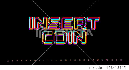 INSERT COIN retro glitch typography. RGB arcade interface element with neon distortion. Vaporwave pixel art style for gaming UI. Vector illustration. INSERT COIN retro glitch typography. RGB arcade interface element with neon distortion. Vaporwave pixel art style for gaming UI. Vector illustration. 128418345