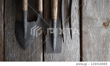 Rustic gardening tools arranged on weathered wooden surface, showcasing craftsmanship and connection to nature in a serene rural setting 128418469