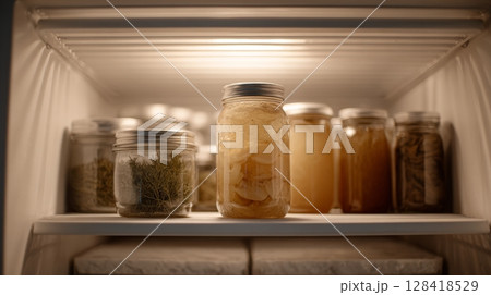 Fridge displays neatly arranged jars of fermentations and pickled foods in a minimalist kitchen 128418529