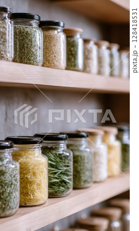 Rows of jars filled with homegrown food in a clean, minimalist pantry create a sense of lifestyle harmony 128418531