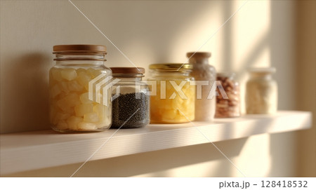 Sunlight filters through a window, highlighting jars of preserved homegrown vegetables on minimalist shelves 128418532