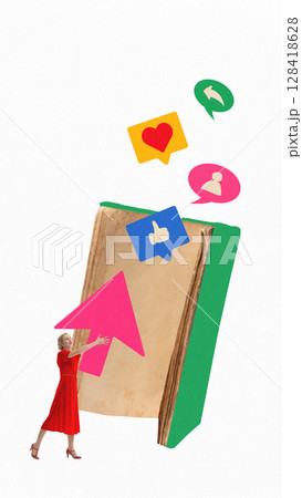Digital pop-art collage with woman pushing pink cursor against vintage book Digital pop-art collage with woman pushing pink cursor against vintage book 128418628