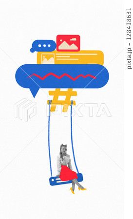 Visual artwork with woman on swing hanging from hashtag and chat bubble. Visual artwork with woman on swing hanging from hashtag and chat bubble. 128418631