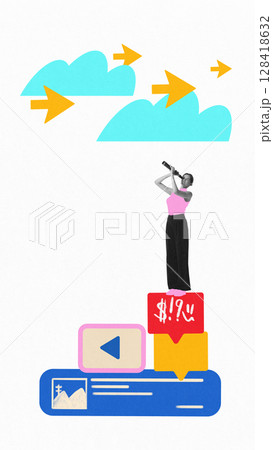 Digital collage with woman looking through telescope at arrows in sky, standing on social media icons 128418632