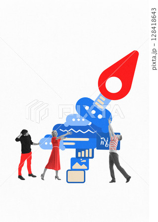 Bold graphic collage with rocket made of feedback icons and people launching digital project Bold graphic collage with rocket made of feedback icons and people launching digital project 128418643