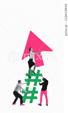 Creative teamwork composition with people climbing hashtags and woman carrying pointer icon Creative teamwork composition with people climbing hashtags and woman carrying pointer icon 128418644