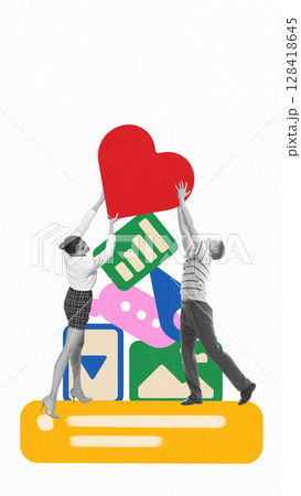 Digital artwork of people placing heart on pyramid with social app symbols 128418645