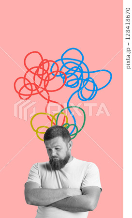 Contemporary artwork showing man pointing at abstract thought patterns 128418670