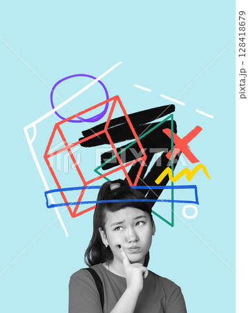 Creative artwork of thoughtful student with abstract geometric confusion above head 128418679