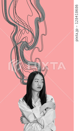 Metaphorical composition of pensive woman with abstract black smoke lines 128418686