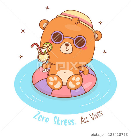 Cute bear in hat and sunglasses swims on inflatable pool ring with drink Cocktail. Funny summer Animal kawaii character vacation and cool slogan. Vector illustration. Kids collection. Not AI 128418758