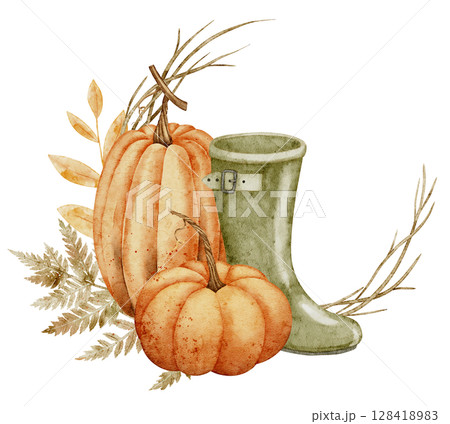 Watercolor illustration with Pumpkins, green rubber boot, autumn leaves and fern. Botanical drawing with Squash and Guard for countryside projects and harvest festival party invitations or greetings. 128418983