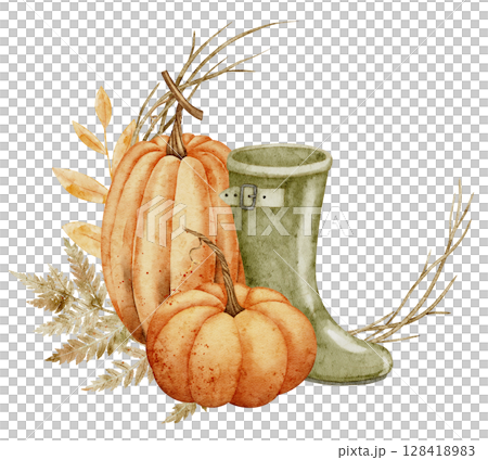Watercolor illustration with Pumpkins, green rubber boot, autumn leaves and fern. Botanical drawing with Squash and Guard for countryside projects and harvest festival party invitations or greetings. 128418983