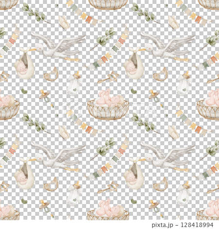 Seamless baby Pattern with watercolor Baby elements like stork, pacifier, bottle, toys, bunting, and infant in crib in pastel colors. Illustration of background for baby textile or nursery wallpaper. 128418994