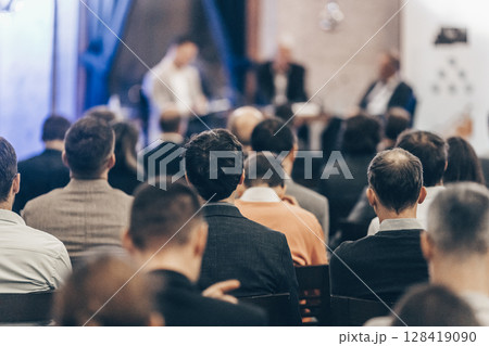 Round table discussion at business conference meeting event.. Audience at the conference hall. Business and entrepreneurship symposium 128419090