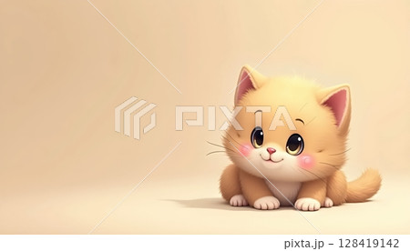 A cute fluffy cream-colored kitten sitting calmly on a soft beige background 128419142